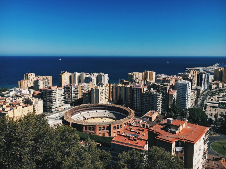high-angle photography of stadium surrounded by high-rise building
